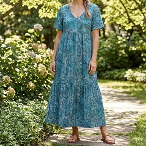 Emery Rose Plus Size Teal Blue Paisley Maxi Dress V-Neck Boho Tiered Smock 3XL